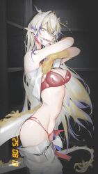 Rule 34 | 1girl, absurdres, arknights, blonde hair, blue hair, bra, breasts, bright pupils, cleavage, colored extremities, dated, dragon girl, dragon horns, dragon tail, earrings, eastern dragon horns, eastern dragon tail, grey eyes, grey hair, hairpin in mouth, highres, horns, jewelry, khrnnfz, medium breasts, micro panties, multicolored hair, panties, pants, pointy ears, red bra, red panties, shu (arknights), solo, strapless, streaked hair, tail, tube top, underwear, undressing, white pants, white pupils, white tube top, yellow hands