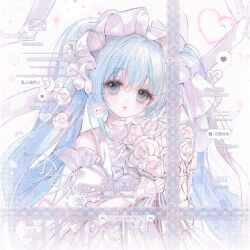 Rule 34 | 1girl, bare shoulders, blue eyes, blue hair, bouquet, bow, bow button, center frills, chinese commentary, choker, commentary request, commission, cowboy shot, detached sleeves, dot nose, dress, ennki, expressionless, eyelashes, flower, frilled hairband, frilled sleeves, frills, gloves, hair between eyes, hair flower, hair ornament, hairband, hatsune miku, heart, highres, holding, holding bouquet, light blush, lips, long dress, long hair, parted lips, pink lips, puffy short sleeves, puffy sleeves, rose, sample watermark, short sleeves, sleeveless, sleeveless dress, solo, sparkle, tareme, teeth, too many watermarks, twintails, variant set, very long hair, vocaloid, watermark, white background, white bow, white choker, white dress, white flower, white gloves, white hairband, white rose, white sleeves