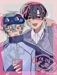 Rule 34 | 2boys, alien stage, anger vein, artist name, bandaid, bandaid on face, bandaid on nose, black eyes, black mask, blue jacket, border, cellphone, collared shirt, commentary, earphones, eighth note, fang, gauze, gauze on cheek, green eyes, grey sweater, hair ornament, hair ribbon, hairclip, hashtag-only commentary, highres, holding, holding phone, ivan (alien stage), jacket, k uj89, male focus, mask, mask on head, multiple boys, musical note, official alternate costume, open mouth, phone, pink border, pink ribbon, rabbit, red pupils, ribbon, shared earphones, shirt, short hair, sleep mask, smartphone, smile, sticker on face, sweater, till (alien stage), track jacket, very short hair, white shirt