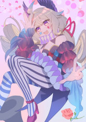 1girl absurdres ahoge asymmetrical_legwear blonde_hair blush breasts cleavage clown commentary detached_collar detached_sleeves diamond_facial_mark english_commentary enna_alouette facial_mark flower halloween haruniji head_wings highres long_hair low_twintails nijisanji nijisanji_en pantyhose pink_flower pink_rose puffy_collar puffy_sleeves purple_eyes rose small_breasts solo star_(symbol) star_facial_mark striped_clothes striped_pantyhose twintails virtual_youtuber wings
