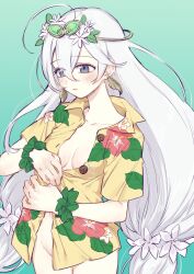 1girl ahoge alternate_costume aoba_chika blue_background blue_eyes bracelet breasts cleavage collarbone collared_shirt earrings floral_print flower hair_between_eyes hair_flower hair_ornament hawaiian_shirt hibiscus_print highres jewelry leaf_earrings long_hair looking_down magia_record:_mahou_shoujo_madoka_magica_gaiden mahou_shoujo_madoka_magica medium_breasts no_bra no_panties open_clothes open_shirt print_shirt shirt solo standing unbuttoning very_long_hair white_hair yellow_shirt yukishiro_(hitsuji)
