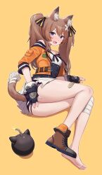 1girl animal_ear_fluff animal_ears ass bandage_on_hair bandage_on_leg bare_shoulders blue_eyes blush bomb breasts brown_hair bygin cat_ears cat_girl cat_tail covering_ass covering_privates explosive fingerless_gloves gloves hair_ribbon highres jacket long_hair lying miniskirt off-shoulder_jacket off_shoulder on_side open_mouth orange_background orange_jacket ribbon shoes single_fang single_shoe skirt small_breasts soles solo tail tevi thighs torn_clothes twintails vena_(tevi)