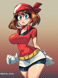 1girl absurdres bandana bike_shorts bike_shorts_under_shorts blue_eyes breasts brown_hair collarbone fanny_pack gloves highres large_breasts looking_at_viewer may_(pokemon) mestre_astral nintendo pokemon pokemon_rse red_bandana red_shirt shirt short_hair shorts shorts_under_shorts solo white_gloves