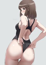1girl absurdres adjusting_clothes adjusting_swimsuit amagami ass ass_focus black_one-piece_swimsuit blush brown_hair grey_background gyuunyuu_pack_(tanaka) highleg highleg_one-piece_swimsuit highres looking_at_viewer looking_back one-piece_swimsuit racerback short_hair signature simple_background solo spine swimsuit tanaka_keiko_(amagami) thigh_gap