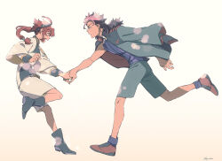 1boy 1girl asticassia_school_uniform black_hair black_hairband blue_shirt boots full_body green_jacket green_shorts guel_jeturk gundam gundam_suisei_no_majo hairband highres holding_hands jacket jacket_on_shoulders long_hair long_sleeves looking_at_another low_ponytail mullet multi-tied_hair multicolored_hair open_mouth parted_lips pink_hair ponytail pulling red_hair running school_uniform shirt short_hair_with_long_locks shorts single_sidelock sleeveless sleeveless_shirt smile suletta_mercury twitter_username two-tone_hair wakaya_hana white_jacket white_shorts