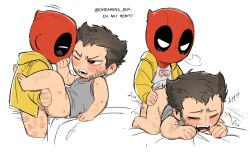 2boys arm_hair ass beard blush bottomless brown_hair chibi closed_eyes couple deadpool deadpool_&amp;_wolverine deadpool_(series) doggystyle dreaming_oor facial_hair highres male_focus marvel marvel_cinematic_universe mask motion_lines multiple_boys one_eye_closed open_mouth red_mask scar scars_all_over sex sex_from_behind shirt short_hair sweat tank_top teeth too_many wolverine_(x-men) x-men yaoi