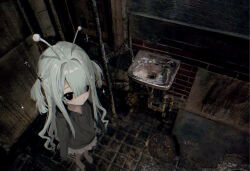 Rule 34 | 1girl, alien, antennae, arms at sides, black eyes, from above, grey hair, grey hoodie, hayu (hayu0305), hood, hoodie, indoors, long hair, long sleeves, miniskirt, original, sink, skirt, solo, sparkle, standing, tile floor, tiles, two side up