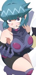 absurdres armor bare_shoulders bike_shorts blue_hair breasts fang gauntlets highres keroro_gunsou kohiru_atsuku looking_at_viewer medium_breasts nishizawa_momoka purple_eyes short_hair sidelocks simple_background skin_fang spiked_hair white_background wings