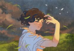 1girl bare_arms bird blue_sky brown_eyes check_copyright closed_mouth cloud collared_shirt commentary copyright_request english_commentary fingernails floating_clothes floating_hair gradient_sky grass hand_in_own_hair happy highres hill looking_at_hand one_eye_closed orange_sky original shirt short_sleeves sky smile solo sunset thick_eyebrows upper_body vinsenta white_shirt wind