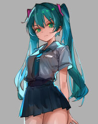 1girl aqua_hair aqua_necktie arms_behind_back blue_skirt closed_mouth collared_shirt cowboy_shot frown green_eyes grey_background grey_shirt hair_between_eyes hatsune_miku long_hair miniskirt necktie pleated_skirt shirt short_sleeves simple_background sketch skirt solo standing twintails very_long_hair vocaloid wing_collar witherking
