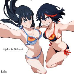 2girls bikini black_hair blue_eyes breasts character_name cleavage commentary halterneck highres kill_la_kill kiryuuin_satsuki large_breasts long_hair looking_at_viewer matoi_ryuuko medium_breasts multicolored_hair multiple_girls navel red_hair shio_(zsp1jqohfr12495) short_hair side-tie_bikini_bottom simple_background smile string_bikini swimsuit two-tone_hair white_background