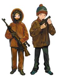 2boys assault_rifle black_hair black_pants black_shoes blonde_hair blue_eyes blue_hat blue_shoes blush brown_jacket buttons closed_mouth commentary cuf_nayl full_body fur-trimmed_hood fur_trim gun half-closed_eyes handgun hands_up hat highres holding holding_gun holding_weapon hood hooded_jacket jacket kenny_mccormick long_sleeves looking_at_viewer male_focus multiple_boys orange_jacket orange_pants pants pom_pom_(clothes) puffy_long_sleeves puffy_sleeves rifle shoes short_hair simple_background south_park stan_marsh standing symbol-only_commentary weapon white_background