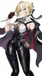 1girl bare_shoulders black_gloves black_jacket black_pants blonde_hair breasts chest_harness choker cleavage collared_shirt earrings elbow_gloves evelyn_chevalier gloves hair_ornament harimoji harness high-waist_pants highres jacket jacket_on_shoulders jewelry knife large_breasts looking_at_viewer medium_hair necktie pants parted_lips purple_eyes see-through_cleavage see-through_clothes shirt sleeveless sleeveless_shirt solo thighs tight_clothes tight_pants white_shirt zenless_zone_zero