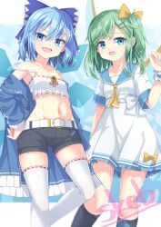 2girls alternate_costume ascot belt black_socks blue_bow blue_eyes blue_hair blue_jacket blue_nails bow cirno commentary_request commission crop_top daiyousei detached_wings dress fairy fairy_wings fang green_hair hair_bow hair_ornament hairclip hand_on_own_hip ice ice_wings jacket kneehighs looking_at_viewer midriff multiple_girls navel open_clothes open_jacket open_mouth ribbon-trimmed_thighhighs ribbon_trim short_sleeves shorts skeb_commission skin_fang smile socks thighhighs touhou uumaru white_belt white_dress white_thighhighs wings wrist_cuffs yellow_ascot yellow_bow