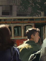 3others bag blue_coat brown_hair coat fruiitlins green_coat highres medium_hair multiple_others original out_of_frame outdoors painterly san_francisco scenery short_hair shoulder_bag sidelighting sunlight train train_station tree upper_body