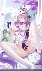 1girl :o absurdres black_tiara blue_sky breasts bug butterfly castorice_(honkai:_star_rail) chinese_commentary commentary_request dress feet flower foot_focus hair_flower hair_ornament hand_on_own_crotch highres honkai:_star_rail honkai_(series) insect jndfh legs long_hair looking_at_viewer medium_breasts navel nipples no_shoes open_mouth parted_lips pointy_ears purple_eyes purple_hair purple_hands sitting sky soles solo spread_pussy spreading_own_pussy thighhighs tiara toes twitter_username white_dress white_thighhighs