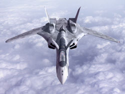1990s_(style) aircraft airplane cloud day flying highres jet macross macross_7 macross_plus mecha no_humans realistic retro_artstyle ringpull robot u.n._spacy vehicle_focus vf-19 yf-19