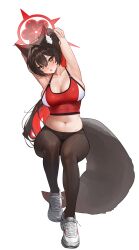1girl absurdres alternate_costume alternate_hairstyle animal_ear_fluff animal_ears armpits arms_behind_head arms_up black_tail blue_archive blush breasts brown_hair camisole cleavage colored_inner_hair crop_top daehoak fox_ears fox_girl fox_tail full_body hair_between_eyes halo head_tilt highres invisible_chair large_breasts long_hair looking_at_viewer midriff multicolored_hair navel open_mouth pants plump ponytail red_camisole red_hair red_halo shoes simple_background sitting skindentation solo stomach tail wakamo_(blue_archive) white_background white_shoes yoga_pants