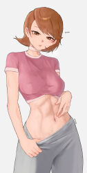 ... 1girl abs absurdres alternate_costume artist_name blush breasts brown_eyes brown_hair choker clothes_pull cowboy_shot crop_top cropped_shirt flashing flipped_hair grey_background grey_pants heart heart_choker highres looking_at_viewer medium_breasts midriff n7grey navel pants pants_pull persona persona_3 pink_lips pink_shirt shirt short_hair short_sleeves simple_background solo stomach sweat takeba_yukari toned toned_female white_choker
