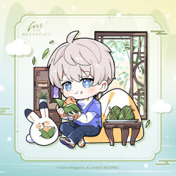 1boy ahoge black_pants blue_eyes blue_shirt chibi cloud crossed_ankles eating food food_on_face full_body grey_hair holding holding_food lattice light_blush love_and_deepspace official_art pants plant potted_plant rabbit shelf shirt shoes short_hair sitting sneakers solo table turtleneck white_shirt xavier_(love_and_deepspace)