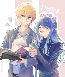 1boy 1girl :d ^_^ animal_ear_hairband animal_ears artist_name belt black_belt black_jacket blonde_hair blue_eyes blue_hair bow bow_hairband casual cat_ear_hairband cat_ears closed_eyes closed_mouth collarbone commentary_request couple cup dating diagonal-striped_bow disposable_cup drink drinking_straw english_text enidzyx fake_animal_ears food frills hairband happy heart hetero highres holding holding_cup holding_drink holding_ticket hoshino_aquamarine jacket kurokawa_akane lapels light_smile locked_arms long_hair long_sleeves looking_at_another notched_lapels open_clothes open_jacket open_mouth oshi_no_ko outline popcorn shirt side-by-side sidelocks simple_background smile star-shaped_pupils star_(symbol) striped_bow symbol-shaped_pupils teeth ticket turtleneck twitter_username two-handed upper_body upper_teeth_only white_outline white_shirt