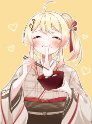 1girl ahoge blonde_hair bowl chopsticks eating food fortissimo hair_ornament heart highres holding holding_chopsticks hololive hololive_dev_is japanese_clothes kimono mochi musical_note musical_note_hair_ornament osono_(osonokichi) otonose_kanade otonose_kanade_(1st_costume) plaid_clothes plaid_kimono virtual_youtuber wide_sleeves yellow_background