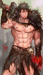 1boy abs armor bara biceps black_hair blue_eyes character_request check_copyright contrapposto copyright_request facial_hair feet_out_of_frame frown fur_trim goatee highres large_pectorals loincloth looking_to_the_side male_focus mature_male muscular muscular_male navel nipples no_shirt over_shoulder pauldrons pectorals short_hair shoulder_armor sideburns skull solo standing stomach sword sword_over_shoulder thighs tribal unfinished weapon weapon_over_shoulder yi_lee