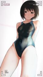 1girl absurdres amagami arms_behind_back bare_arms bare_shoulders black_eyes black_hair black_one-piece_swimsuit blue_one-piece_swimsuit breasts closed_mouth commentary_request competition_swimsuit covered_erect_nipples covered_navel cowboy_shot dutch_angle eee_mii from_below gluteal_fold groin highleg highleg_one-piece_swimsuit highres legs_apart light_blush light_smile looking_at_viewer nanasaki_ai one-piece_swimsuit short_hair simple_background skindentation small_breasts solo standing swimsuit thighs two-tone_one-piece_swimsuit two-tone_swimsuit viewfinder white_background