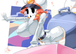 1girl ^^^ absurdres belt breasts covered_erect_nipples garter_straps genderswap genderswap_(mtf) general_guy gloves hat highres huge_breasts leaning_forward light_bulb long_hair mario_(series) mask military_hat military_vehicle motor_vehicle nintendo orange_hair outstretched_arm paper_mario paper_mario_64 personification rotomyu shy_guy solo tank thick_thighs thighhighs thighs wide_hips