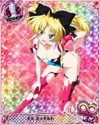 1girl absurdres blonde_hair blue_eyes breasts card_(medium) cleavage fang hair_ribbon hand_on_knee hand_on_own_hip hand_on_own_knee high_school_dxd highres jacket leaning_forward legs leotard looking_at_viewer mittelt navel official_art open_clothes open_jacket open_mouth race_queen ribbon skirt small_breasts solo thighs tongue torn_clothes twintails