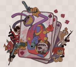 2boys 4girls ak-47 assault_rifle azurfishe black_eyes black_hair blue_eyes blue_gloves button_eyes buttons card character_name colored_sclera dual_wielding furry gangle_(the_amazing_digital_circus) gloves grin gun hand_up handgun hat highres holding holding_gun holding_weapon jax_(the_amazing_digital_circus) jester_cap kalashnikov_rifle kinger_(the_amazing_digital_circus) mask multiple_boys multiple_girls overalls playing_card pomni_(the_amazing_digital_circus) ragatha_(the_amazing_digital_circus) red_gloves red_hair revolver ribbon rifle sharp_teeth smile spade_(shape) submachine_gun teeth the_amazing_digital_circus thompson_submachine_gun weapon yellow_gloves yellow_sclera zooble_(the_amazing_digital_circus)