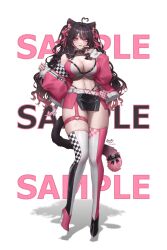 1girl absurdres ahoge animal_ears bare_shoulders black_choker black_hair black_skirt boots breasts cat_ears cat_girl cat_tail choker cleavage cleavage_cutout clothing_cutout commission crop_top full_body gradient_hair hair_ribbon hand_up heart heart-shaped_pupils heart_ahoge high_heel_boots high_heels highleg highres indie_virtual_youtuber jacket jason_xiaojie large_breasts long_hair long_sleeves looking_at_viewer midriff miniskirt multicolored_hair navel nikkinyami_(vtuber) off_shoulder panty_straps pink_eyes pink_jacket pink_shirt race_queen ribbon shirt skirt sleeveless sleeveless_shirt solo standing stomach streaked_hair symbol-shaped_pupils tail thigh_boots thigh_strap thighhighs thighs two-tone_skirt virtual_youtuber white_thighhighs zettai_ryouiki