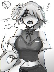 ! 1girl 1other ? absurdres anger_vein angry bare_shoulders breasts carrie_krueger choker cleavage detached_sleeves ear_piercing eyeshadow face_piercing ghost ghost_tail greyscale hair_ornament hair_over_one_eye highres lip_piercing makeup medium_breasts midriff mikuneki monochrome open_mouth piercing pov sharp_teeth short_hair skirt skull_hair_ornament skull_print teeth the_amazing_world_of_gumball