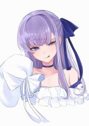 1girl :q absurdres artist_name bare_shoulders bikini bikini_top_only blue_bow blue_bowtie blue_choker bow bowtie bra choker collarbone fate/grand_order fate_(series) frilled_bra frills hair_bow highres long_hair long_sleeves looking_at_viewer mcho_u meltryllis meltryllis_(fate) meltryllis_(swimsuit_lancer)_(fate) meltryllis_(swimsuit_lancer)_(third_ascension)_(fate) puffy_long_sleeves puffy_sleeves purple_eyes purple_hair solo swimsuit tongue tongue_out underwear upper_body