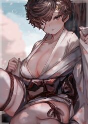 Rule 34 | 1girl, absurdres, bandage over one eye, blue sky, blurry, blurry background, blush, breasts, brown hair, brown sash, choko (cup), cleavage, collarbone, commentary request, cup, dark-skinned female, dark skin, eyelashes, feet out of frame, hair ornament, hair over one eye, hairpin, highres, holding, holding cup, japanese clothes, kimono, large breasts, looking at viewer, original, outdoors, parted lips, rope around thigh, short hair, sitting, skindentation, sky, soleil (soleilmtfbwy03), solo, sweatdrop, thick thighs, thighhighs, thighs, white kimono, white thighhighs