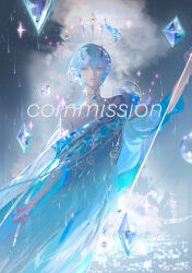 1girl absurdres asymmetrical_dress blue_dress blue_hair blue_horns bubble chinese_commentary commentary_request commission cowboy_shot crying crying_with_eyes_open crystal demon_horns dress eyelashes hair_between_eyes halo hand_up highres holding holding_staff horns lipstick long_dress long_sleeves looking_at_viewer makeup ocean off-shoulder_dress off_shoulder original parted_lips pink_lips sad short_hair solo sparkle staff standing storm streaming_tears tears teeth watermark weibo_watermark wet wide_sleeves yangming_li_wan_dianfen_chang yellow_eyes