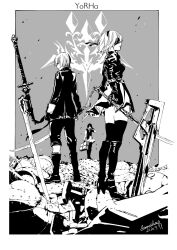 1other 2b_(nier:automata) 2girls adjusting_eyewear android black_dress black_gloves black_jacket black_thighhighs boots character_request closed_mouth copyright_name dated dress eye_mask glasses gloves grey_background greyscale high_heel_boots high_heels highres himiko_(326ontheweb) holding holding_suitcase holding_sword holding_weapon jacket katana logo mole mole_under_mouth monochrome multiple_girls nier:automata nier_(series) planted planted_sword planted_weapon robot ruins short_hair signature simple_background standing suitcase sword thighhighs weapon yorha zettai_ryouiki