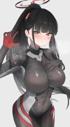1girl alternate_costume black_bodysuit black_hair black_halo blue_archive blunt_bangs blush bodysuit breasts commentary froha11037 halo hand_on_own_chest high_ponytail highres large_breasts long_hair looking_at_viewer multicolored_halo ponytail red_eyes rio_(blue_archive) rio_(bodysuit)_(blue_archive) simple_background solo steaming_body sweat two-tone_halo white_background