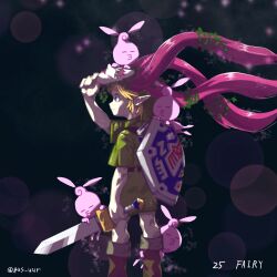 1boy black_background blonde_hair boots fairy full_body great_fairy_mask gus_uur hat holding holding_sword holding_weapon link mask_lift nintendo pointy_ears shield shield_on_back solo stray_fairy sword the_legend_of_zelda the_legend_of_zelda:_majora&#039;s_mask tunic weapon