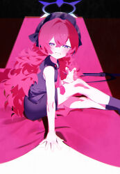 Rule 34 | 1girl, absurdres, bent v, black hat, black shirt, black skirt, black socks, blue archive, bm tol, feet out of frame, fluffy hair, from side, grey eyes, hair between eyes, halo, hat, highres, iroha (blue archive), long hair, looking at viewer, necktie, peaked cap, pencil skirt, red hair, red necktie, shirt, sitting, skirt, sleeveless, sleeveless shirt, smile, socks, solo, teeth, v