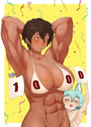 &gt;_&lt; 1girl 1other :3 abs absurdres animal_ears aqua_hair arm_up armlet arms_behind_back bird bottomless breasts brown_hair commentary_request confetti dark-skinned_female dark_skin ear_piercing earrings hair_between_eyes highres holding holding_paper huge_breasts jewelry mishislover muscular muscular_female open_mouth original paper piercing short_hair size_difference smile spanish_commentary stud_earrings thick_eyebrows white_background yellow_eyes
