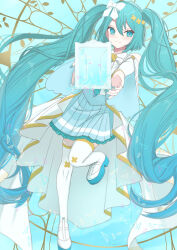 Rule 34 | 1girl, absurdres, aqua eyes, aqua hair, aqua nails, aqua skirt, blush, bow, closed mouth, dress, hair between eyes, hair bow, hair ornament, hatsune miku, highres, hiramado miku, kowareta sekai to utaenai miku, long hair, long sleeves, official alternate costume, official alternate hairstyle, okimono-kururi, pleated skirt, project sekai, reaching, reaching towards viewer, shoes, skirt, smile, solo, spoilers, thighhighs, twintails, very long hair, white bow, white dress, white shoes, white thighhighs, wide sleeves, x hair ornament, yellow trim