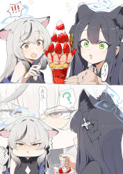 1boy 2girls ? absurdres animal_ears bare_shoulders black_bow black_hair black_shirt blue_archive blush bow brown_eyes dessert food green_eyes hair_between_eyes hair_bow highres kokona_(blue_archive) long_hair looking_at_another male_sensei_(blue_archive) maton_3110 multiple_girls open_mouth pout shirt shun_(blue_archive) shun_(small)_(blue_archive) sidelocks tiger_ears tiger_girl triangle_mouth two_side_up white_hair