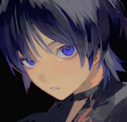 1boy black_background black_choker black_shirt blunt_ends bright_pupils choker genshin_impact highres hoshino_01074 looking_at_viewer lower_eyelashes_only male_focus multicolored_hair parted_lips portrait purple_eyes purple_hair scaramouche_(genshin_impact) shirt solo streaked_hair uneven_eyes watercolor_effect white_mouth white_pupils wispy_bangs