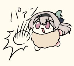 animal_hands black_hairband firefly_(honkai:_star_rail) grey_hair hair_between_eyes hair_ornament hairband honkai:_star_rail honkai_(series) pink_eyes sheep shiruinu simple_background sound_effects text_background