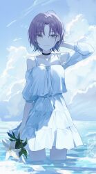 Rule 34 | 1girl, absurdres, asakura toru, choker, cloud, dress, eimizzzzz, highres, idolmaster, idolmaster shiny colors, short hair, sky, solo, standing, suspenders, water, white dress