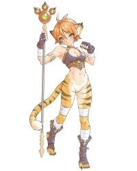 1girl absurdres animal_ears ankle_belt antenna_hair armlet armpit_crease armpits bandaged_arm bandaged_leg bandages belt blue_gloves blush bottomless breasts breath_of_fire breath_of_fire_ii cat_ears cat_girl cat_tail clawed_feet cleavage clenched_hand closed_mouth commentary_request facial_mark fingerless_gloves gem girdle gloves gluteal_fold green_eyes green_gemstone head_tilt highres holding holding_staff jewelry katt_(breath_of_fire) leather_collar looking_at_viewer momo_oddeye monster_girl open-toe_shoes orange_fur orange_hair purple_tank_top short_hair smile solo staff striped_fur tail tank_top white_fur wrist_belt