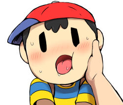 black_hair blush child elementary_schoolboy hand_on_another&#039;s_chest hat kasugai_(de-tteiu) legs mother_(series) mother_2 multiple_boys ness_(mother_2) nintendo pov puffy_cheeks saliva shirt shota striped_clothes striped_shirt sweatdrop tongue yaoi