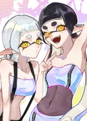 Rule 34 | 2girls, ao ninjin, arm up, black hair, blunt bangs, bodystocking, callie (splatoon), callie (summer nights) (splatoon), collarbone, covered navel, ear piercing, fangs, grey hair, inkling, long hair, looking at viewer, marie (splatoon), marie (summer nights) (splatoon), mole, mole under eye, multiple girls, nintendo, open mouth, piercing, pointy ears, smile, splatoon (series), splatoon 3, strapless, suspenders, tube top, upper body, v, yellow eyes, zipper