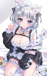 1girl absurdres animal_ear_fluff animal_ears bandaid bell black_jacket blue_eyes blush bow breasts cat_ears cat_girl chips_(food) choker cleavage closed_mouth controller dress eneru_(enepuni) food game_controller grey_hair hair_bow hair_ornament headdress highres jacket jewelry large_breasts looking_at_viewer neck_bell open_clothes open_jacket original short_hair smile solo tail thighlet white_dress
